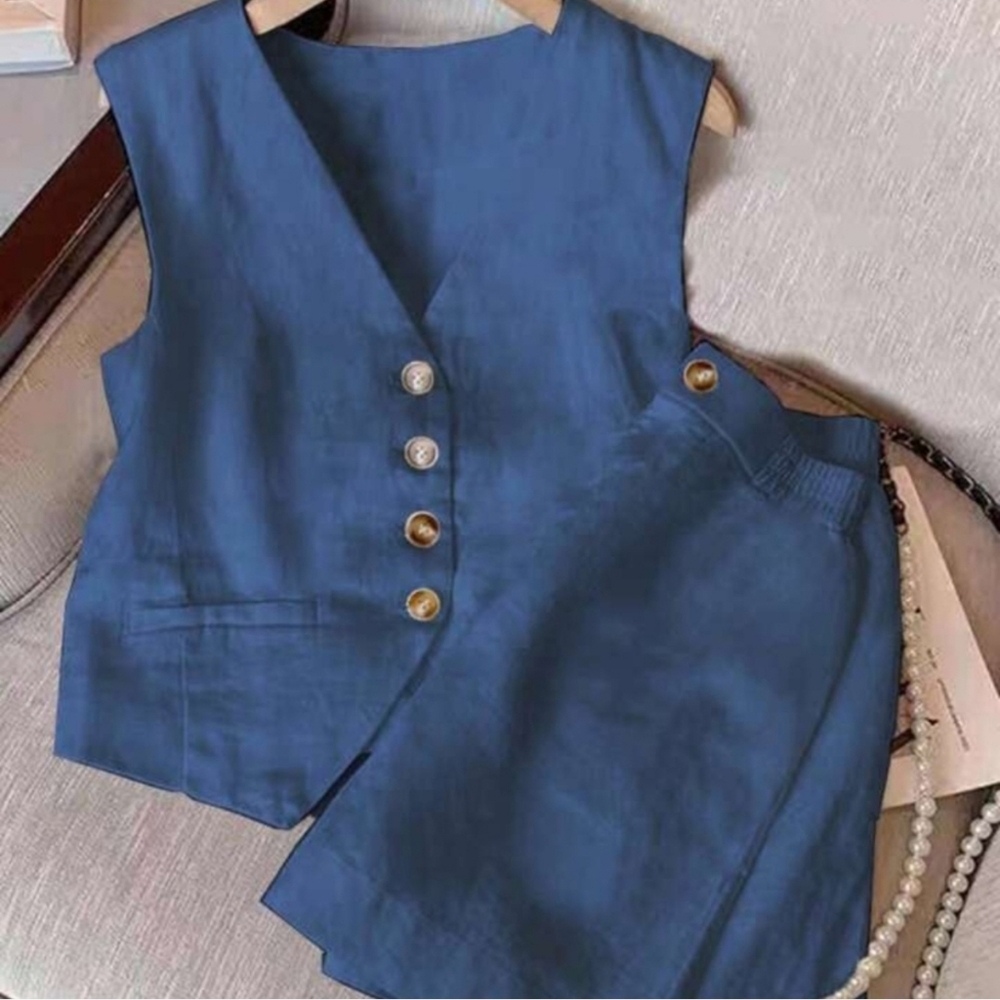 Stylish Blue Buttoned Vest and Skirt Set